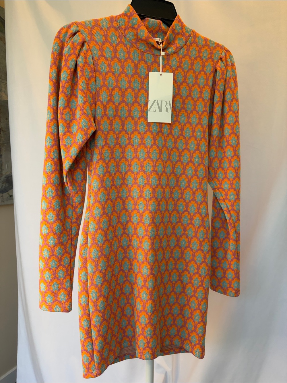 ZARA Orange and Aqua Patterned Long Sleeve Dress